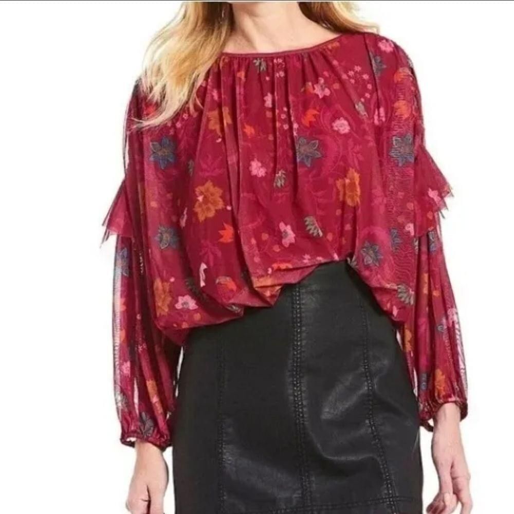 Free People Womens M Wild Flower Honey Mesh Top Berry Oversized Boho Romantic - Picture 1 of 11